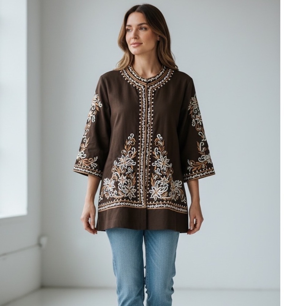 Foyens of Hawaii Vintage Brown Embroidered Floral Button Front Shirt Size 1